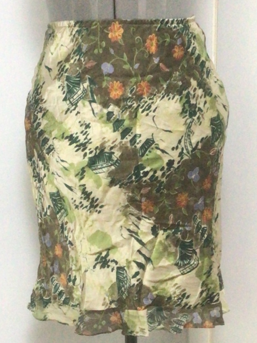 Lapis Vintage Floral Artistic Print Silk Skirt